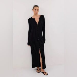 DISSH Black Ribbed Button-Front Midi Dress